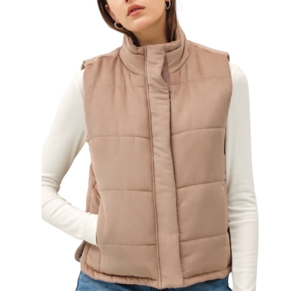 Becool Tan Quilted Puffer Vest Women L Sleeveless Stand Collar Zip Snap Front